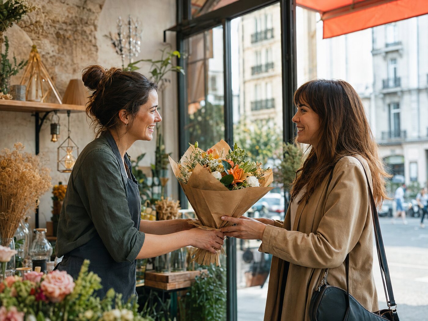 Un bouquet remis à une cliente
