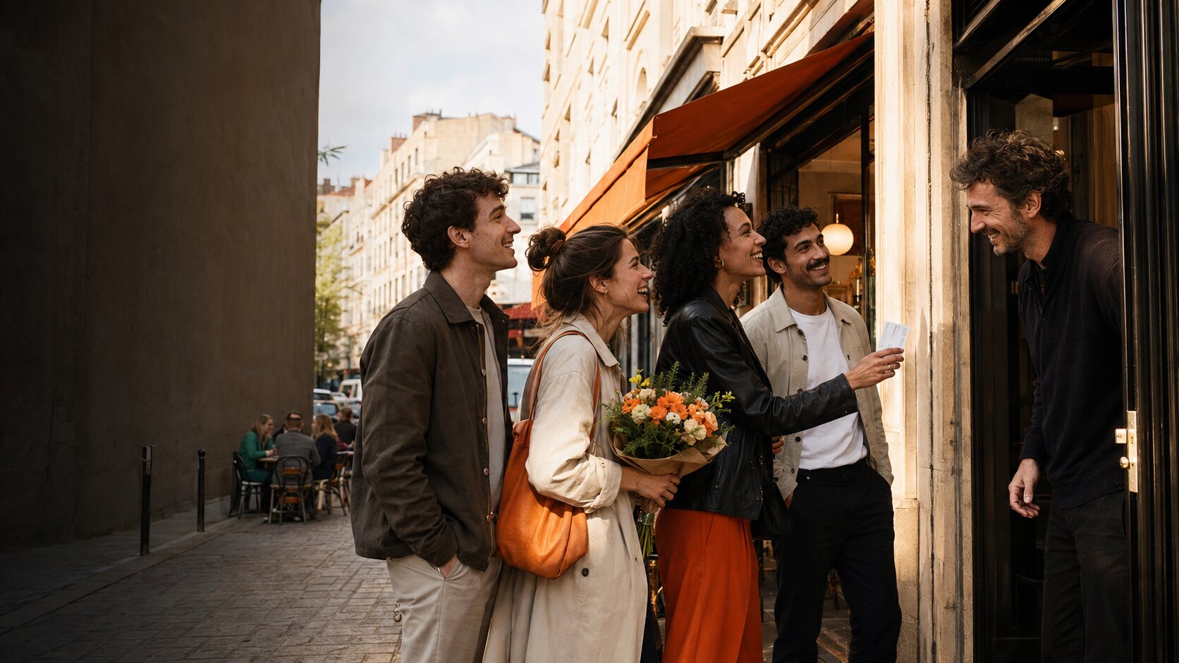 Des amis sont accueillis par le responsable d’un lieu à Lyon